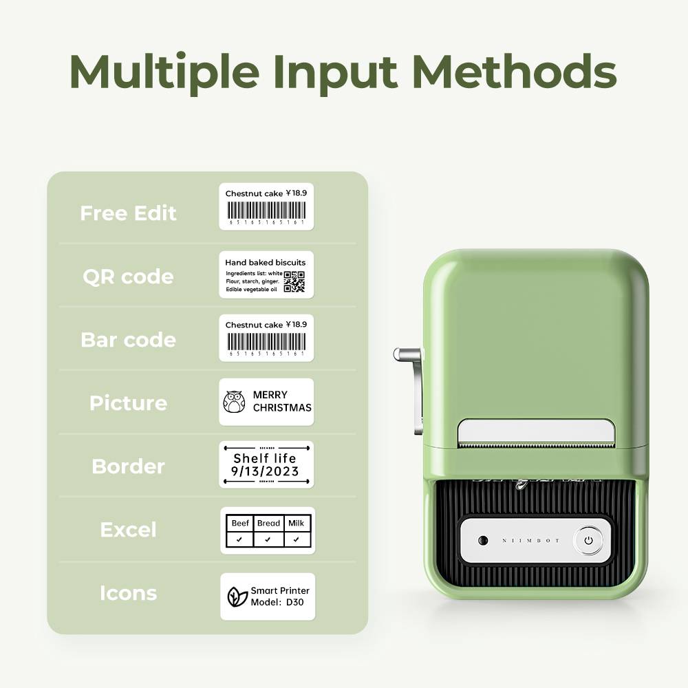 Grüne Etikettendrucker mit verschiedenen Eingabemethoden links: Freier Text, QR-Code, Barcode, Bild, Rahmen und Icons.