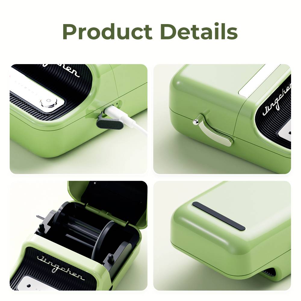 Vier Bilder zeigen Details eines grünen Geräts. Oben links: Gerät mit Kabelanschluss. Oben rechts: Tragegriff. Unten links: offene Klappe. Unten rechts: Rückansicht.