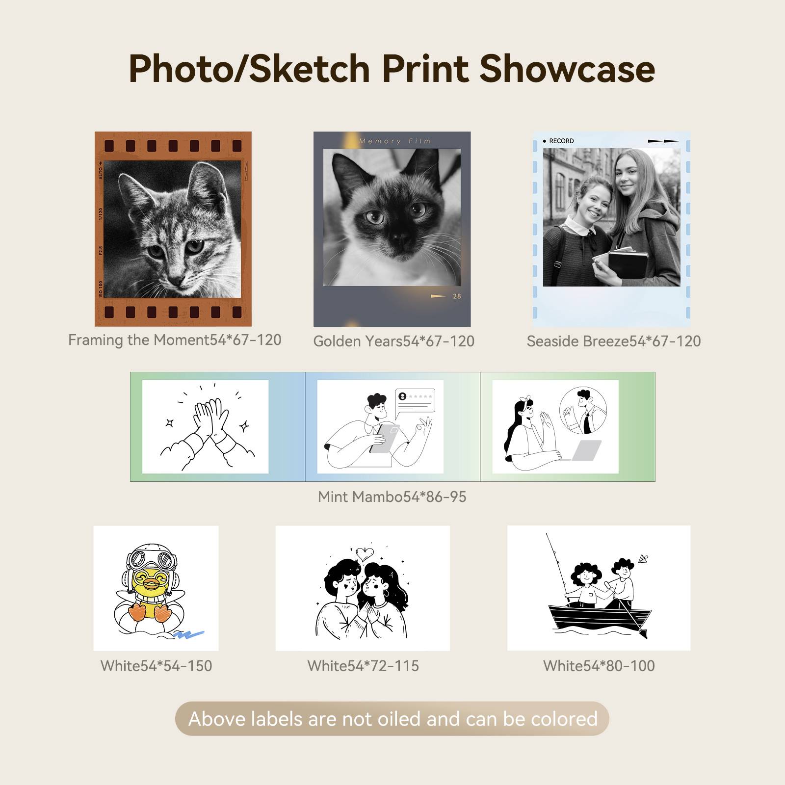 'Photo/Sketch Print Showcase': Vier Fotos oben, darunter drei Skizzen. Beschriftungen mit Dimensionen. Hinweis: Etiketten nicht geölt, färbbar.