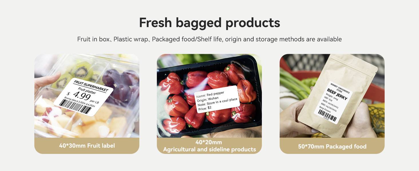'Fresh bagged products' – Bild zeigt verschiedene verpackte Lebensmittel: Obstbox, Paprikatüte und verpackte Ware mit Etiketten.