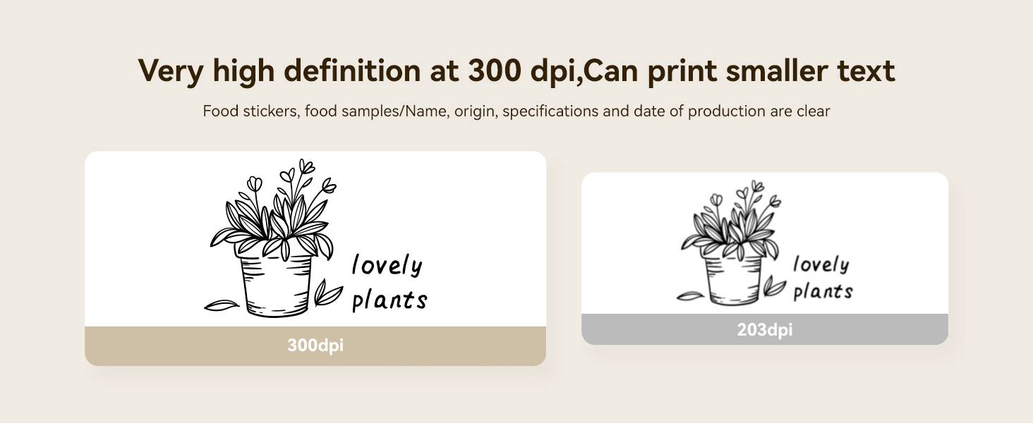 Beeindruckende Druckqualität bei 300 dpi, kleinere Texte besser lesbar. Vergleich von Aufklebern bei 300 dpi und 203 dpi.