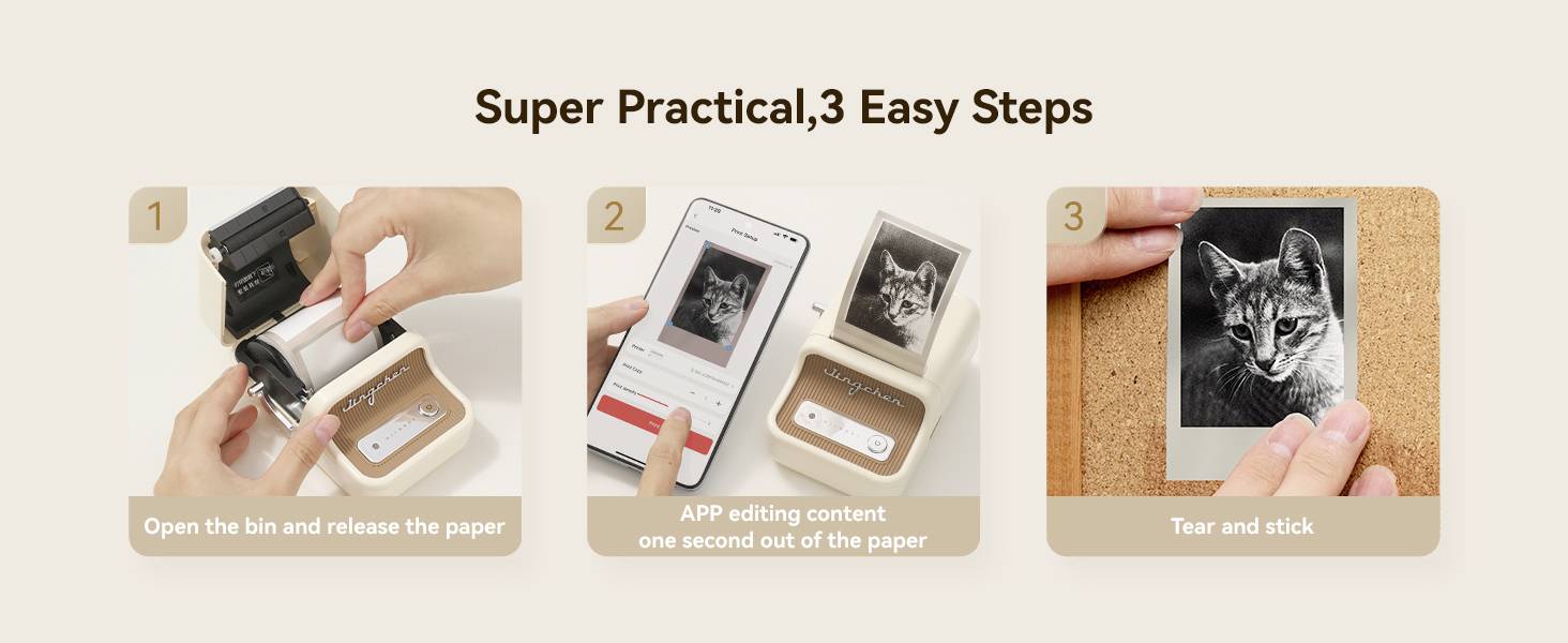 Drei Schritte zur Nutzung eines Druckers: 1. Papier einlegen. 2. APP-Inhalte bearbeiten und drucken. 3. Papier abreißen und aufkleben.