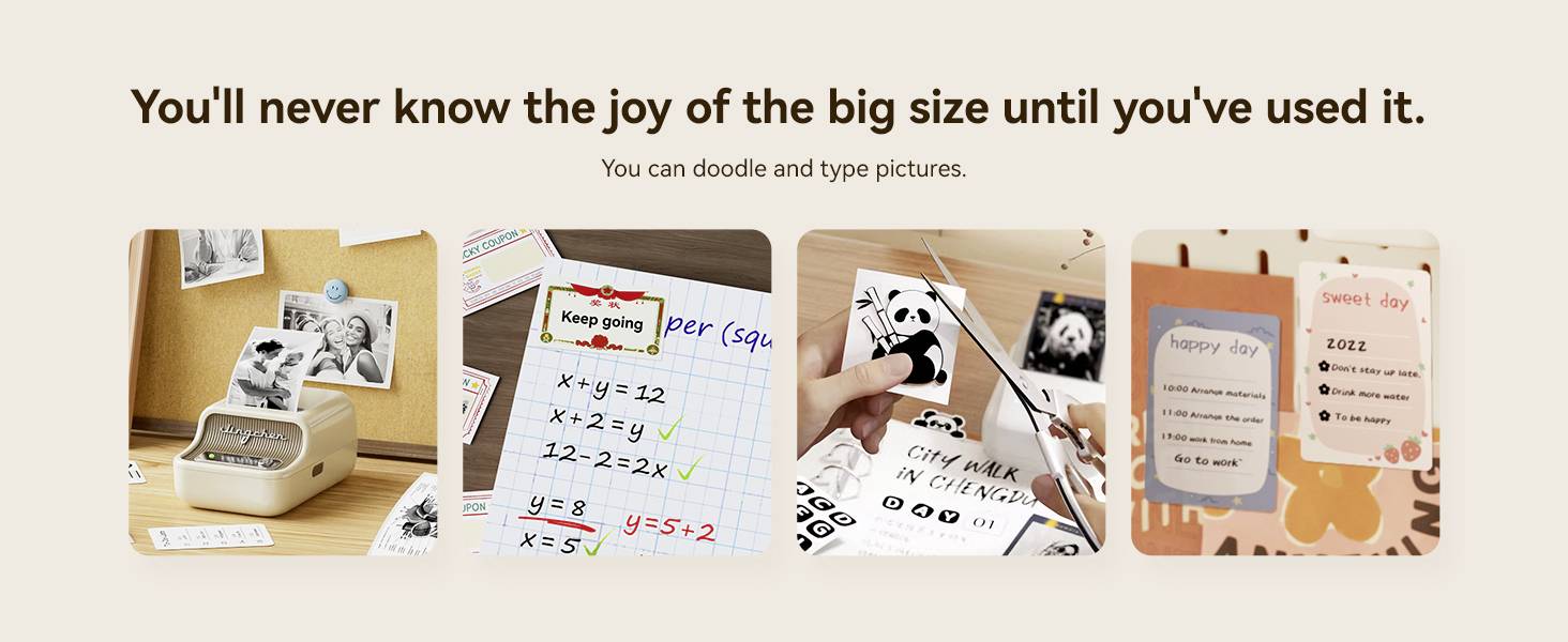 Ein Drucker druckt Fotos und Notizen. Drei Bilder zeigen Anwendungen: mathematische Aufgaben, niedliche Fotos und To-do-Listen.