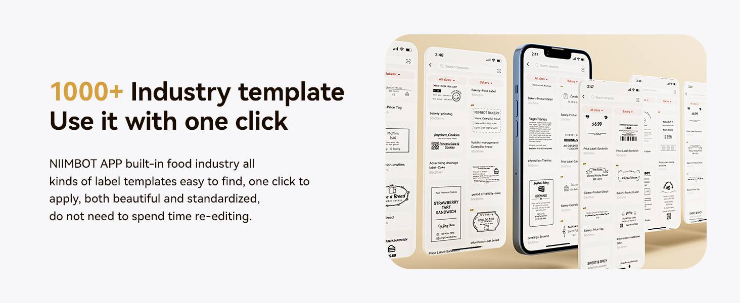 'Werbeabbildung für eine mobile App mit Text '1000+ Industry template. Use it with one click'. Zeigt Bildschirmansichten von Etikettenvorlagen.'