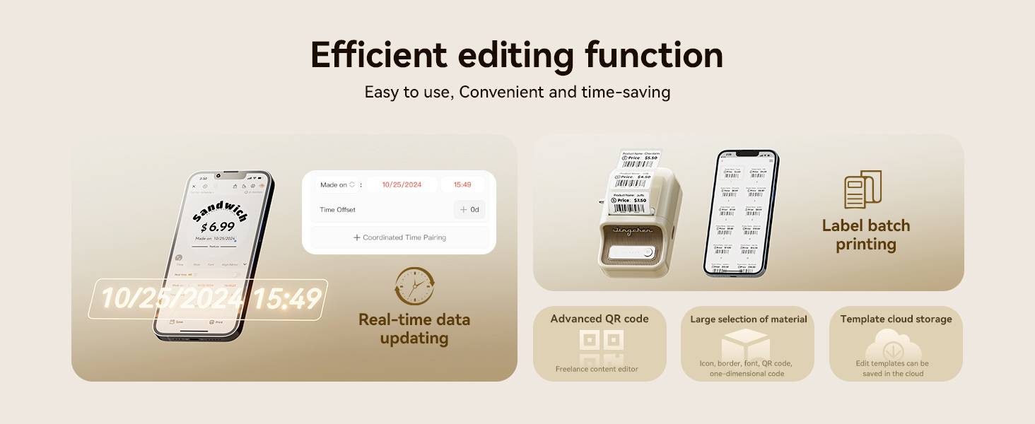 'Drei Mobilgerätebildschirme zeigen 'Efficient editing function', 'Real-time data updating' und 'Label batch printing'. Funktionen: QR-Code, Materialauswahl, Cloud-Speicherung.'