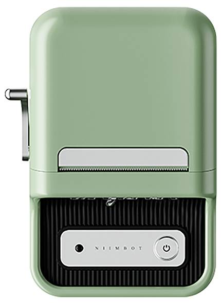 Handlicher, grüner Etikettendrucker mit Ein-Aus-Taste und Markenlogo, ideal für organisierte Beschriftungen zu Hause oder im Büro.