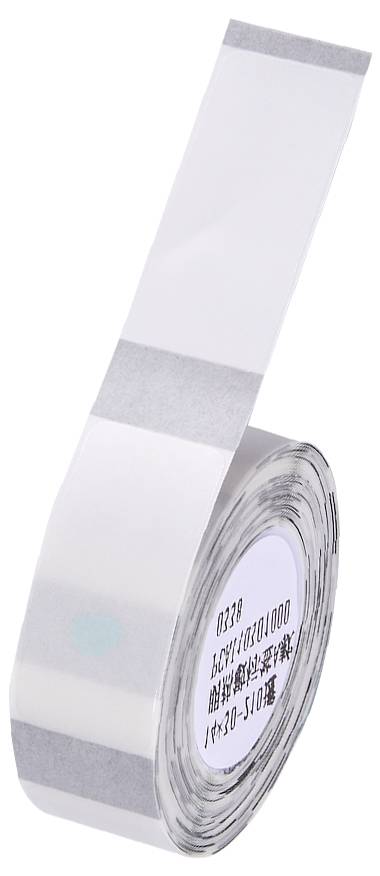 Eine Rolle weißes Klebeband mit grauen Streifen, teilweise entrollt. Ein Etikett ist sichtbar, der Text darauf ist unscharf.