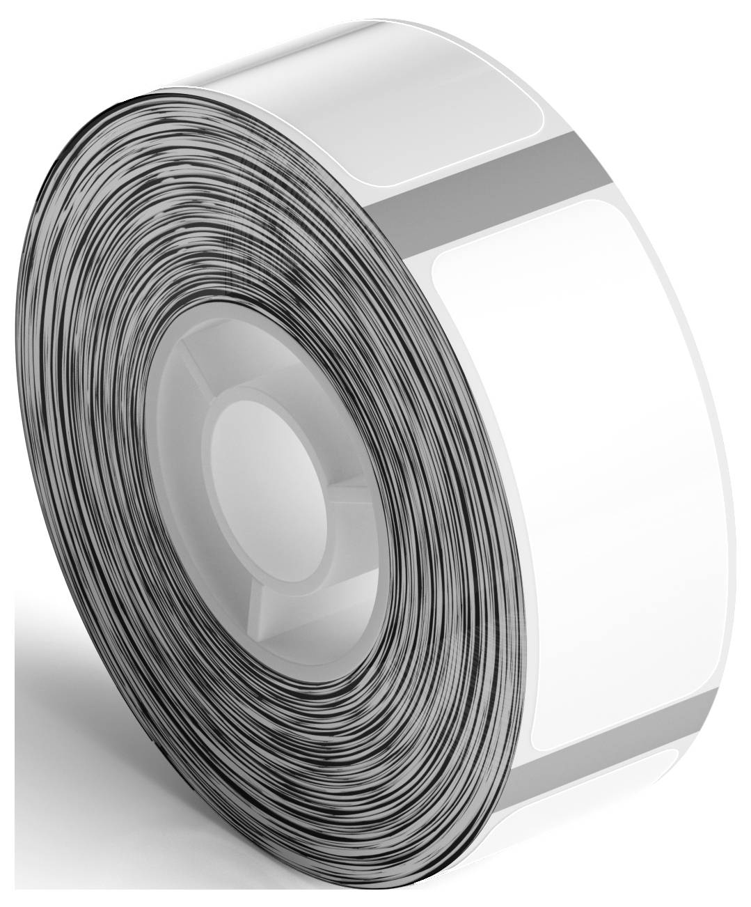 Rolle mit rechteckigen, weißen Etiketten, bereit zur Verwendung in einem Etikettendrucker.