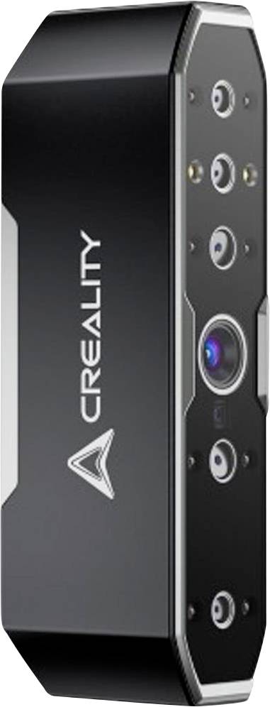 Schwarzer 3D-Scanner mit mehreren Sensoren und 'Creality'-Logo darauf.