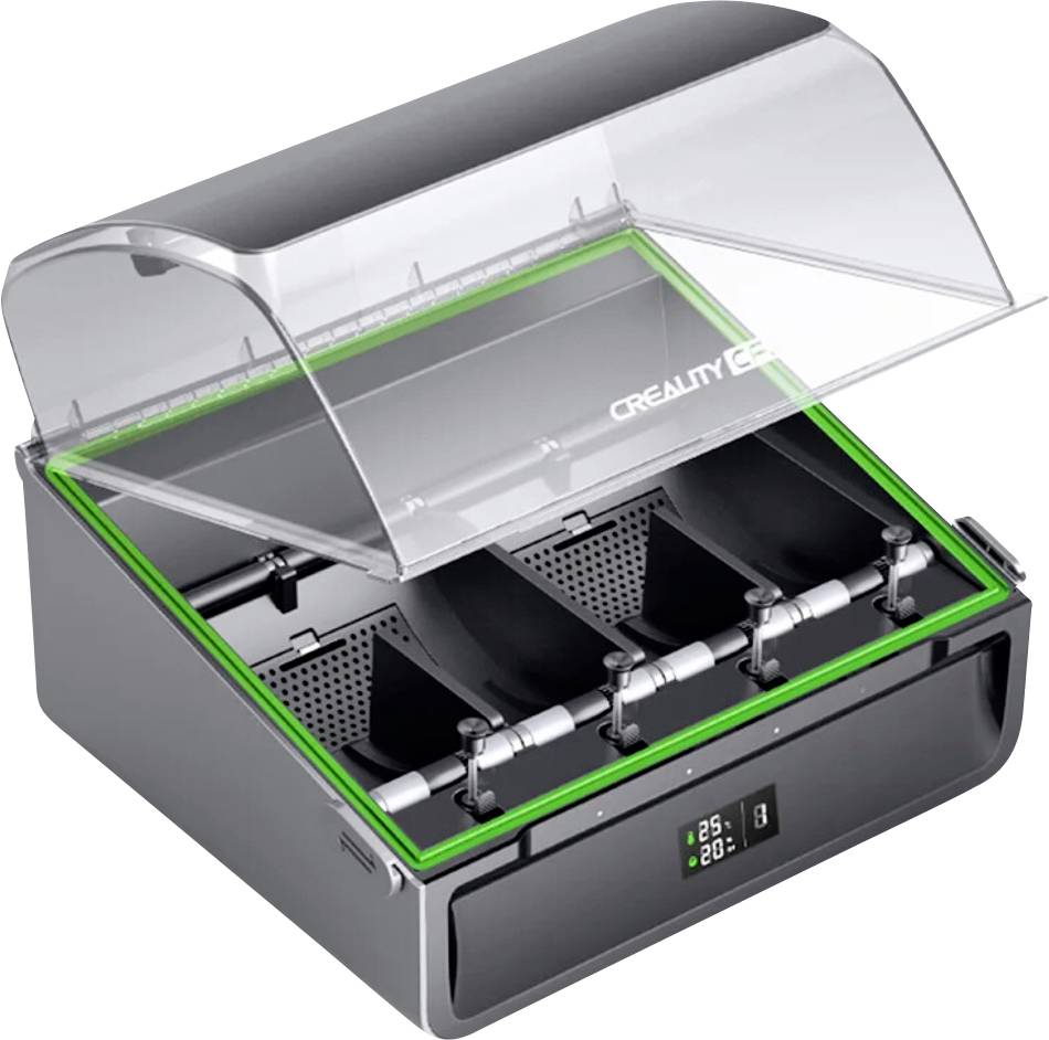 Ein offener 3D-Drucker mit mehreren Fächern unter einer transparenten Abdeckung. Markenname oben auf der Abdeckung.