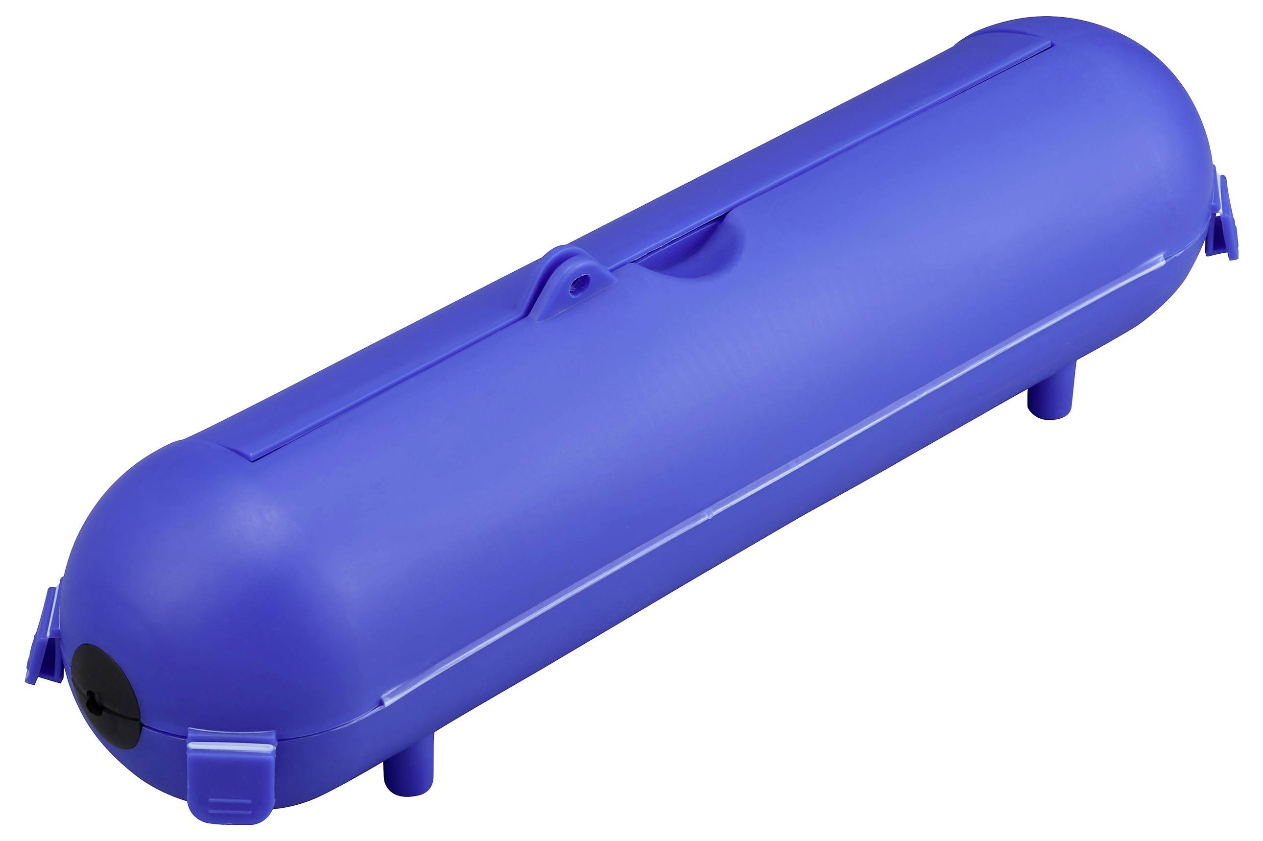 Ein langer, zylindrischer blauer Container mit abgerundeten Enden und kleinen Standfüßen, wahrscheinlich zum Verstauen oder Transport.