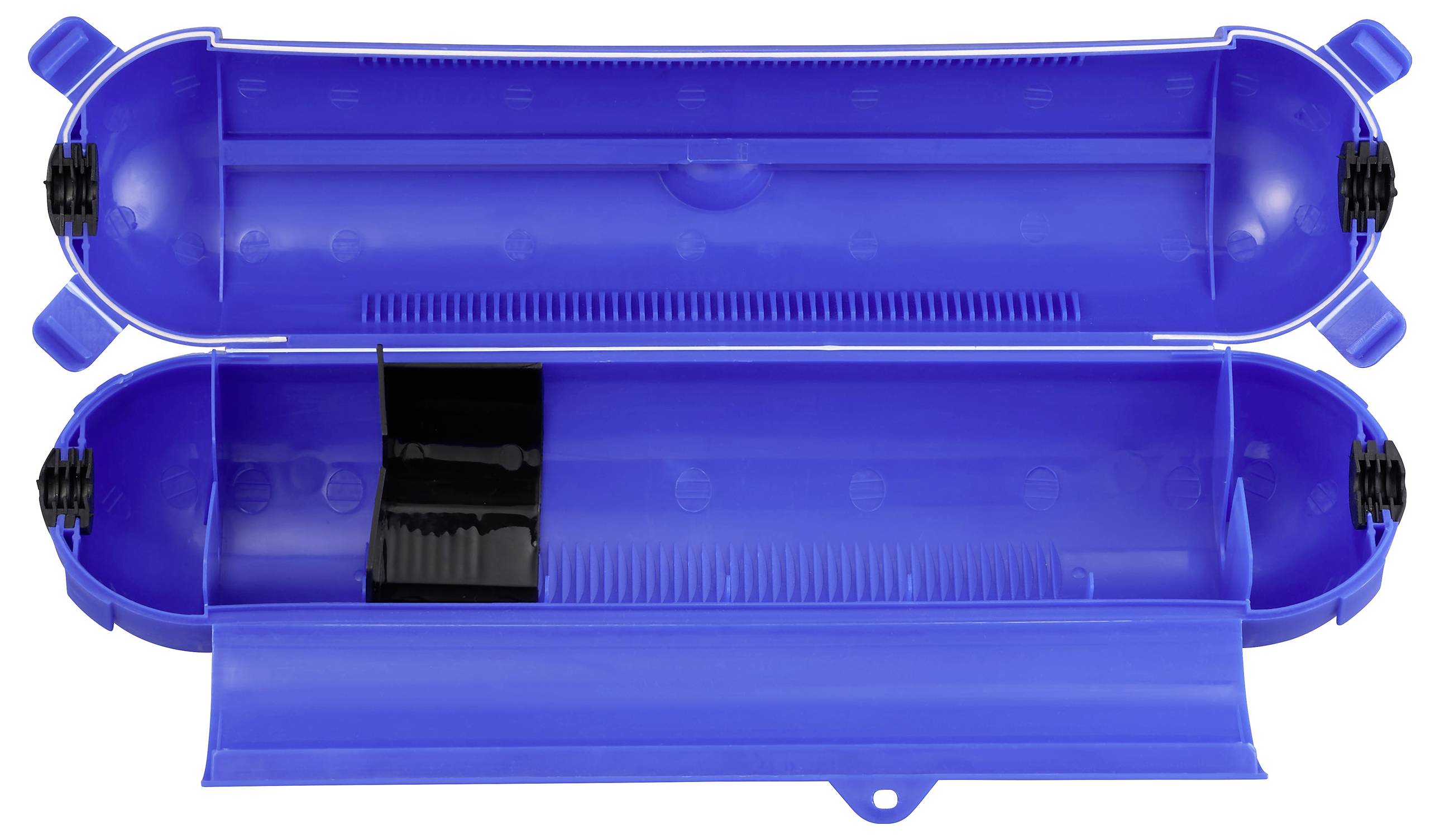 Offene, blaue Kunststoffkassette mit zwei Vertiefungen zur Aufbewahrung von Reinigungswerkzeugen.