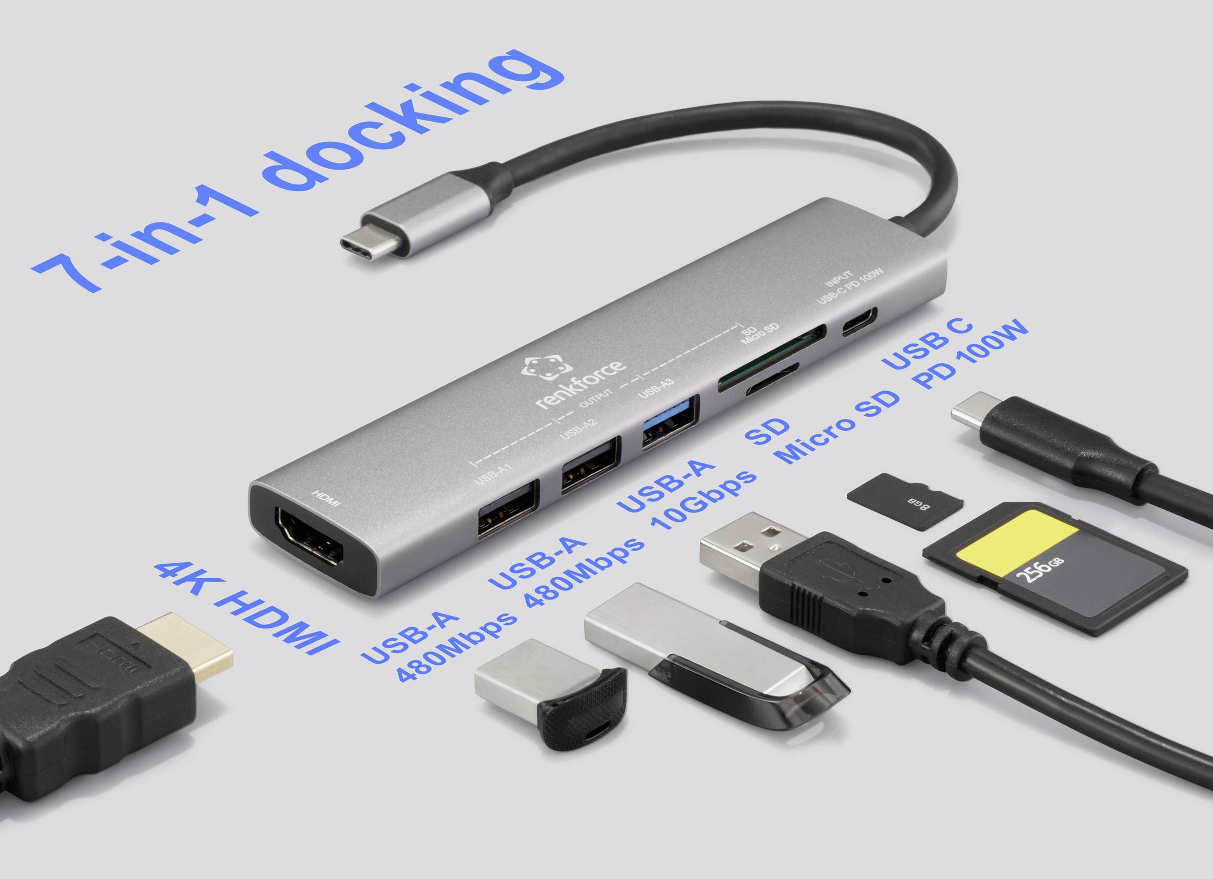 Ein grauer USB-C-Hub mit dem Text „7-in-1 Docking