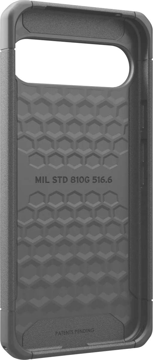 Graues, robustes Handyhülle mit wabenförmigem Muster und der Aufschrift 'MIL STD 810G 516.6'.