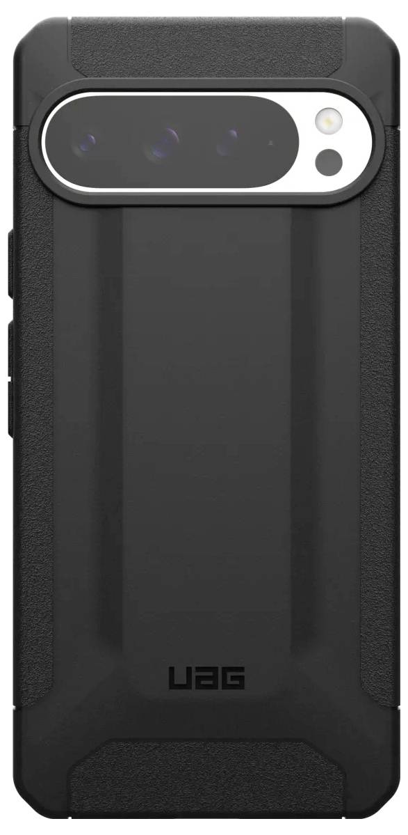 Schwarzes, robustes Smartphone-Schutzhülle mit Textur. Rückseite zeigt Kameramodul und Markenlogo.