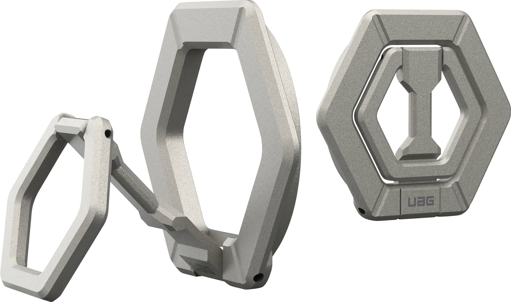 Metallischer Handyhalter in sechseckigem Design, faltbar und platzsparend, von der Marke UAG.