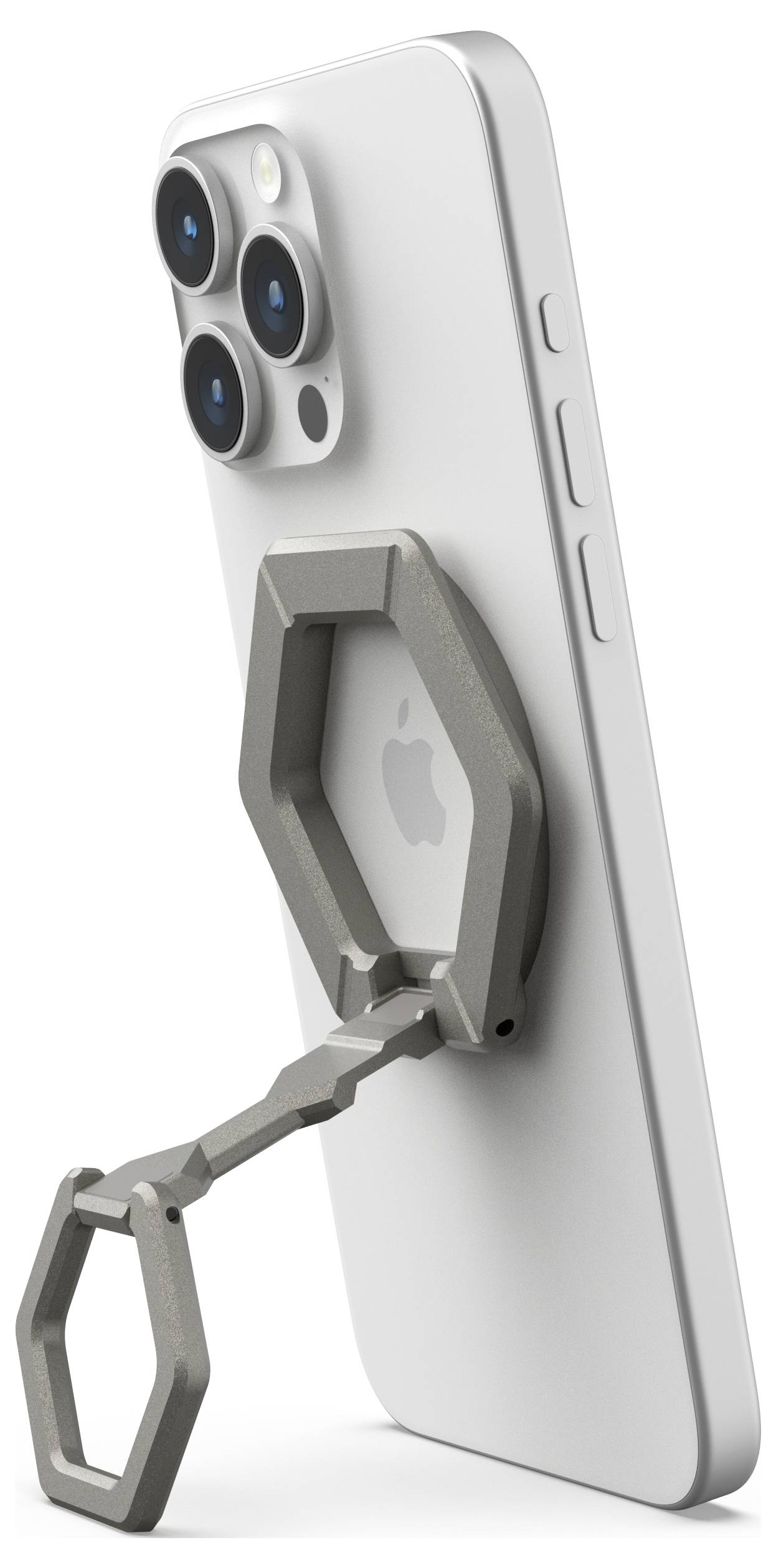 Ein Smartphone mit einer sechseckigen Halterung auf der Rückseite, die an einer Oberfläche befestigt zu sein scheint.