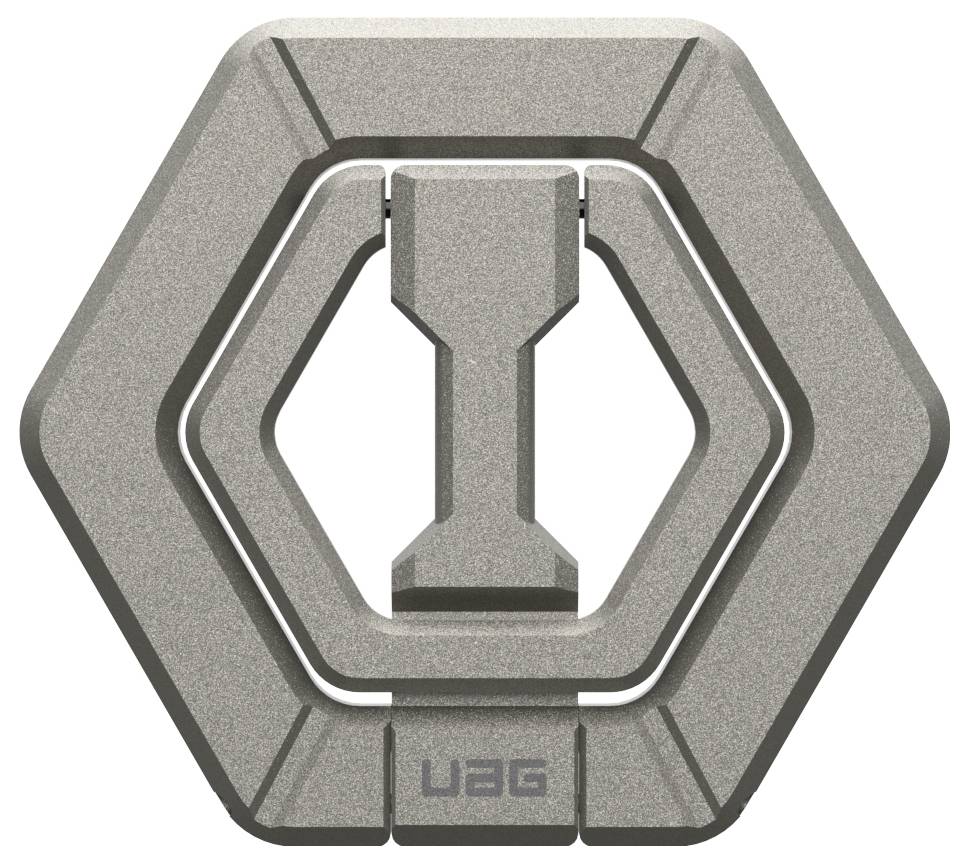 Sechseckiger Metallständer mit zentralem Halterungsmechanismus, geeignet für mobile Geräte, mit der Aufschrift 'UAG' am Rand.