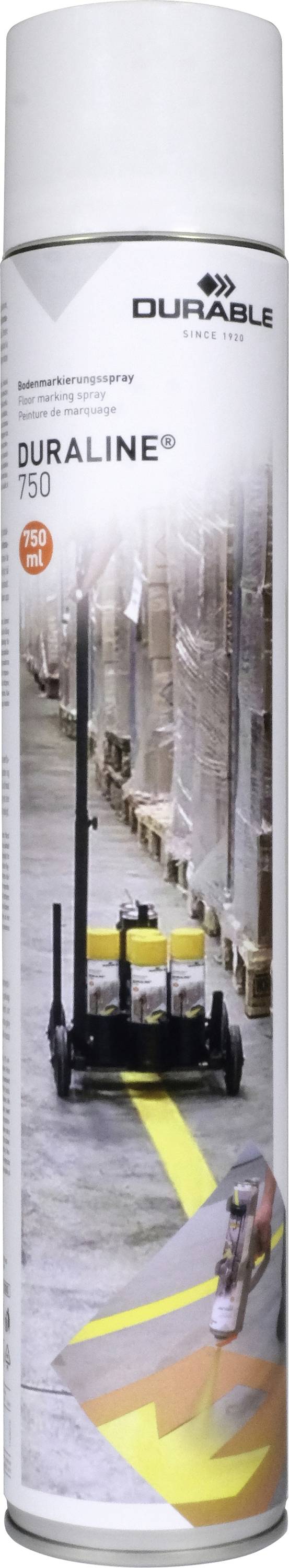Sprühdose 'DURALINE 750' von DURABLE für Bodenmarkierungen, abgebildet mit gelben Linien auf Lagerboden zwischen Regalen.