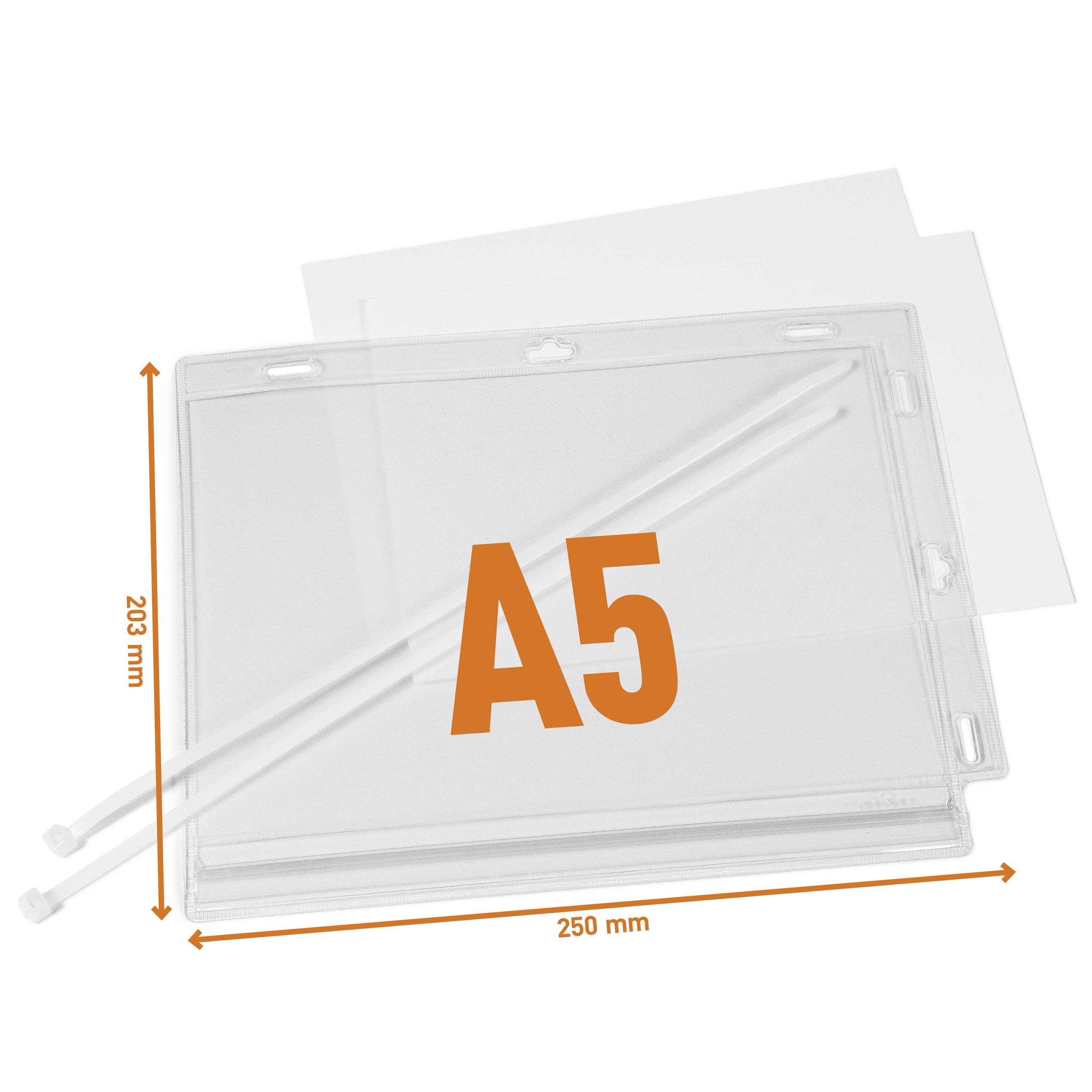 Transparente Halterung für Papier im Format A5 mit Befestigungsmöglichkeiten und den Maßen 203 mm x 250 mm, inklusive Kabelbindern.