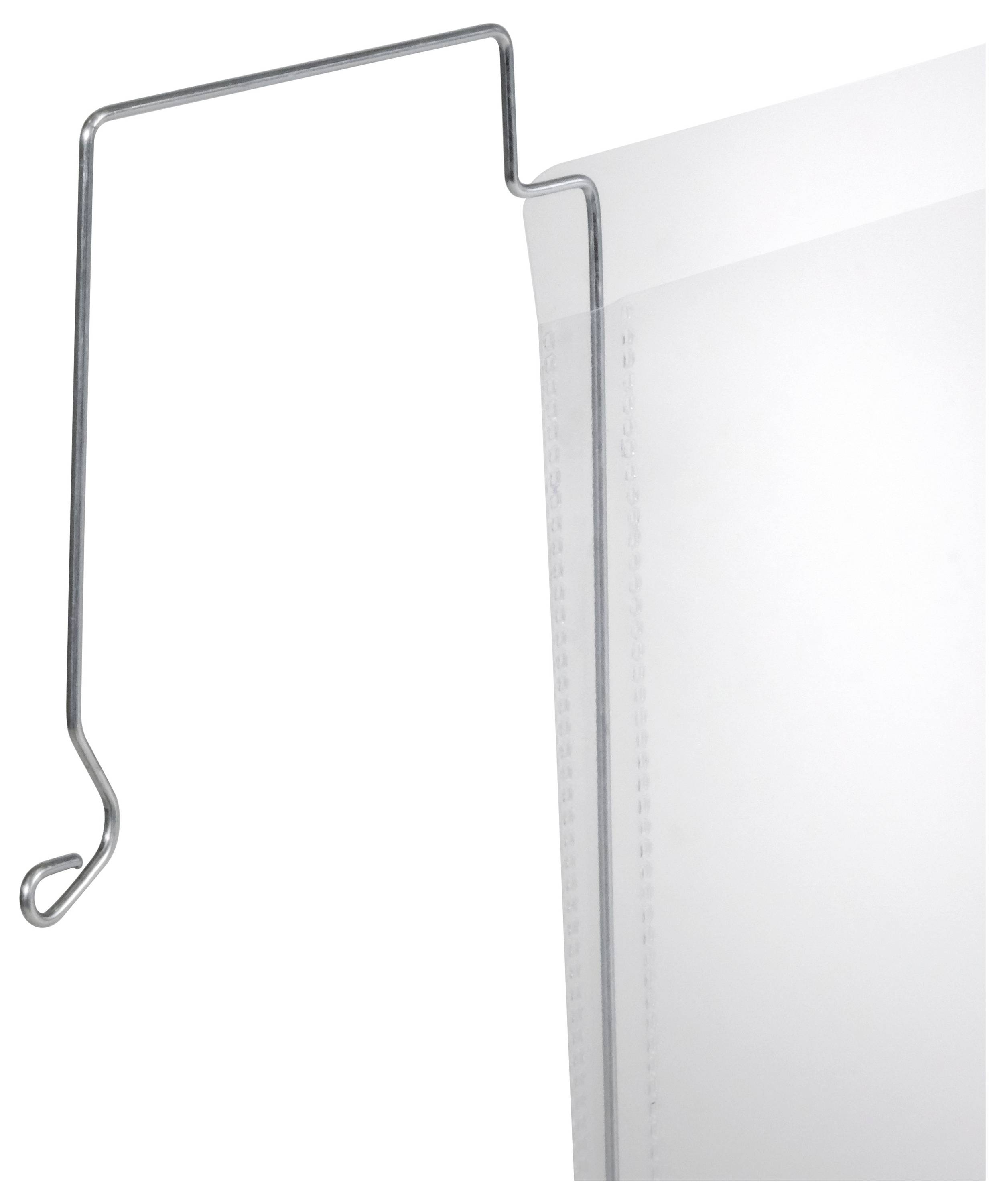 Ein Metallhaken hält ein transparentes Kunststoffblech, das wahrscheinlich als Schutzbarriere oder Abtrennung dient.