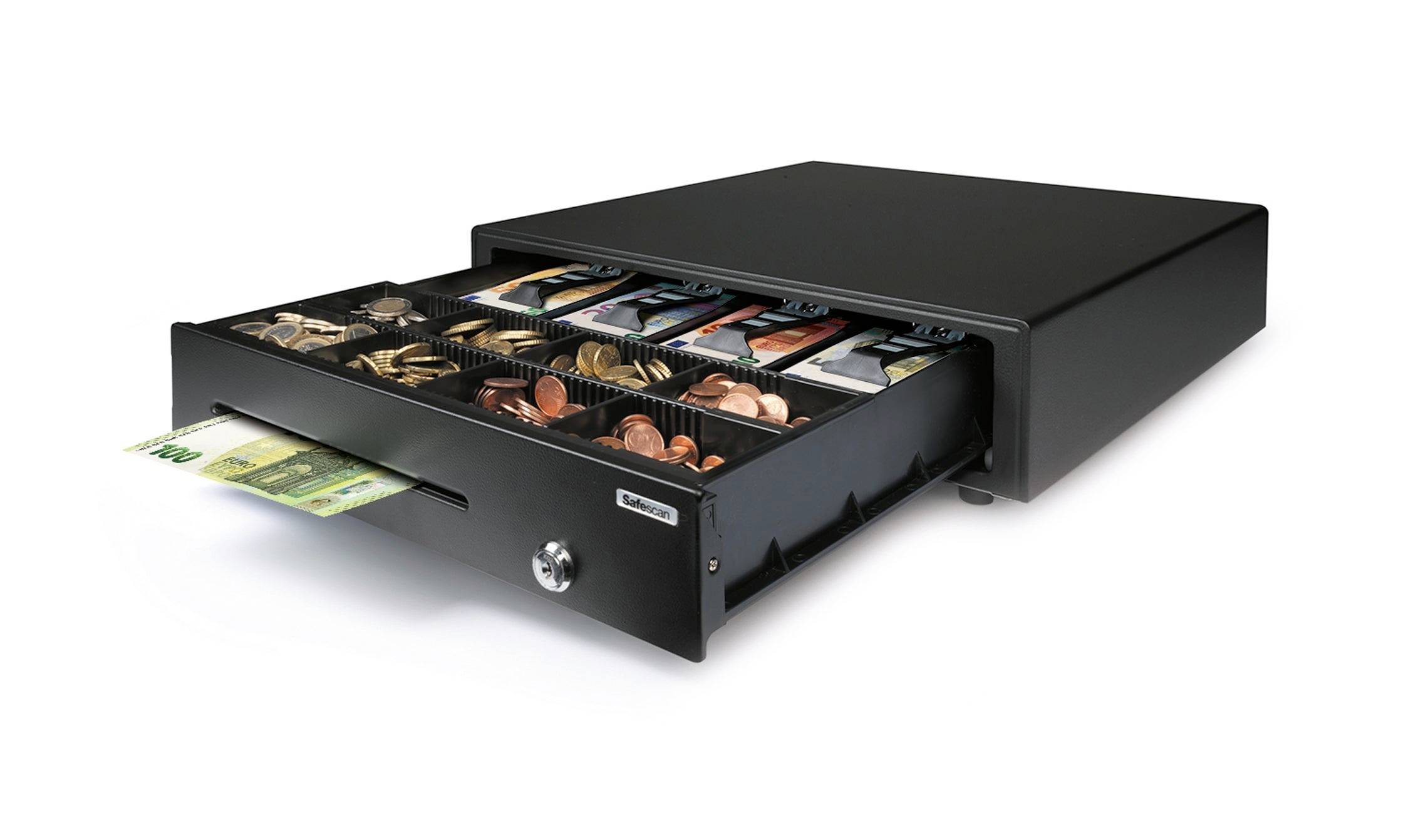 Eine geöffnete Kassenschublade mit Fächern für Münzen und Banknoten, gefüllt mit Münzen, Geldscheinen und Kreditkarten.