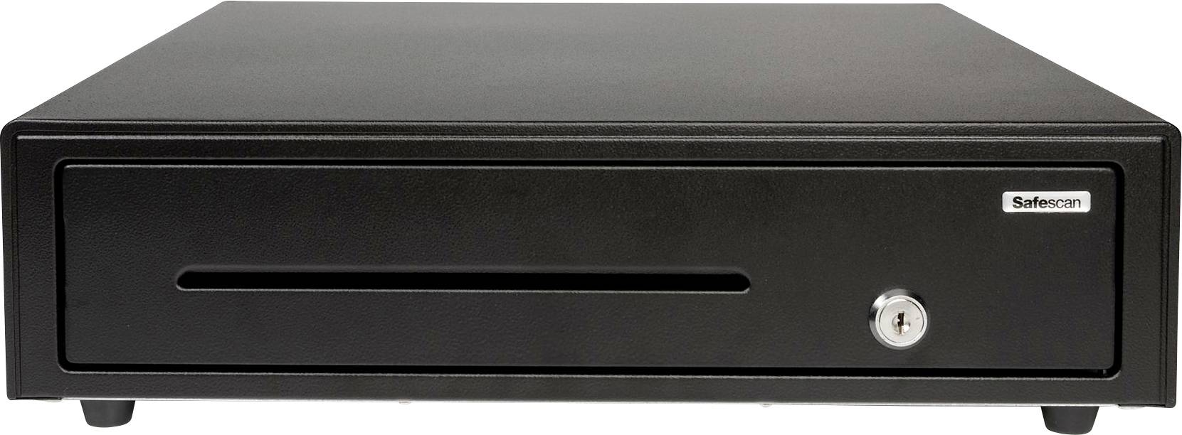 Schwarze Kassenschublade mit SafeScan-Logo, Kartensteckplatz und Schloss an der Vorderseite. Geeignet für sichere Bargeldaufbewahrung.