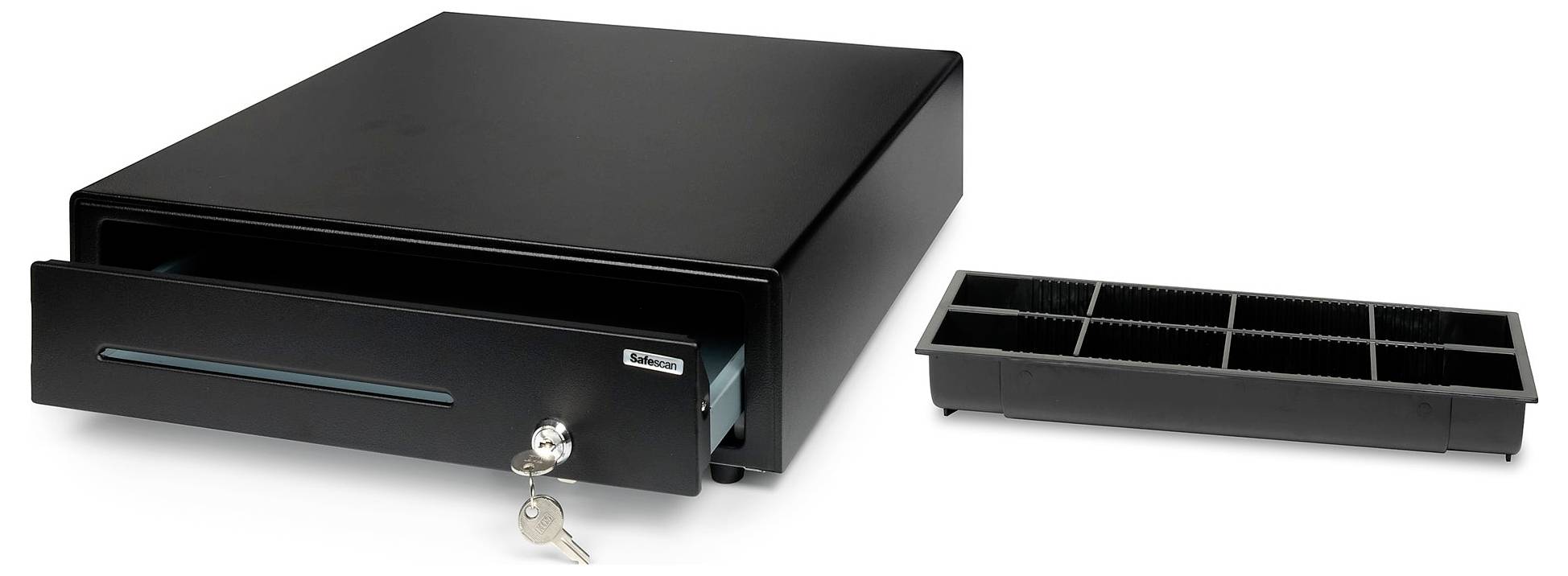 Schwarze Kassenschublade mit herausnehmbarem Münzfach und Schlüsseln.