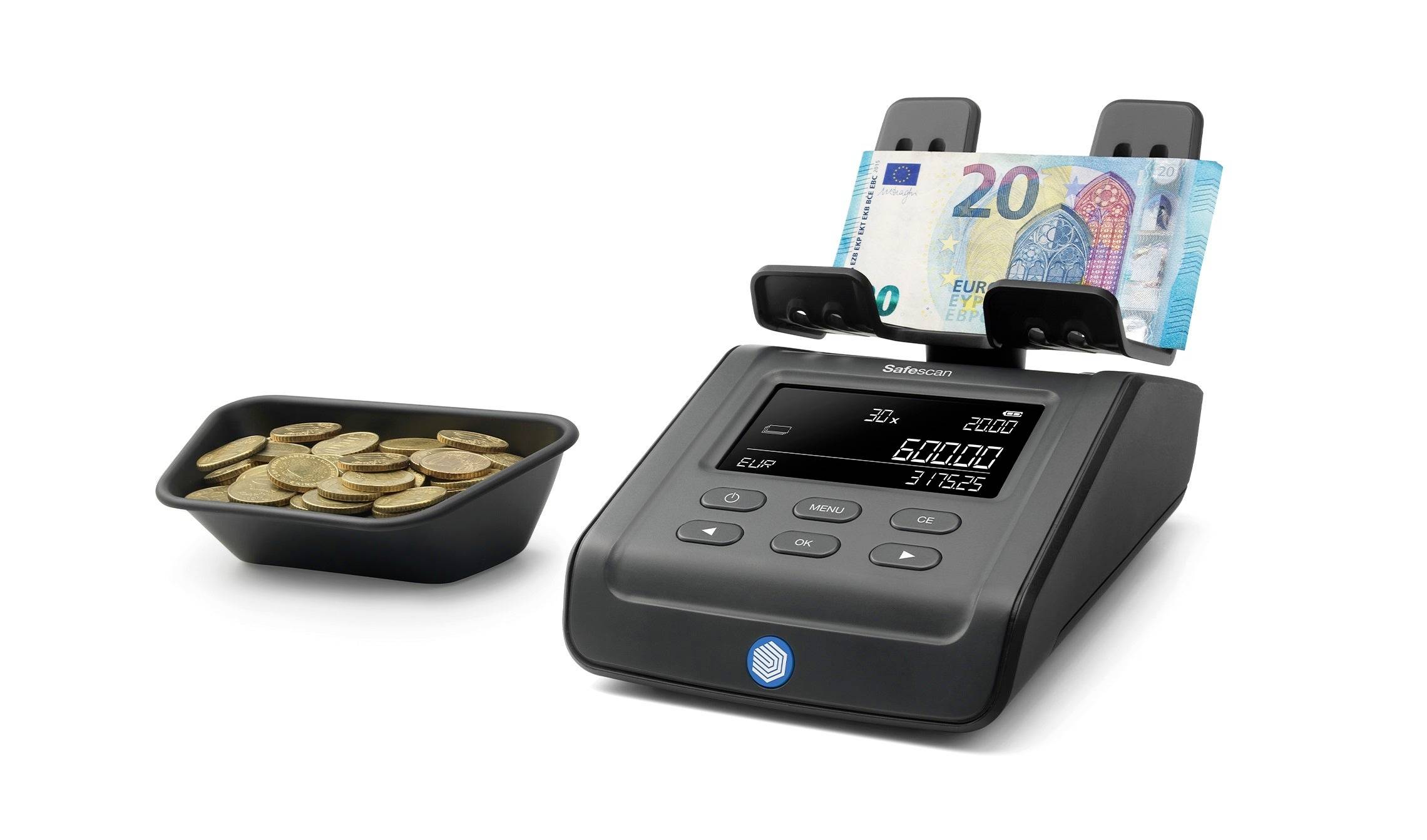 Ein Geldzähler zählt Münzen und Geldscheine. Auf dem Display ist ein Betrag von '60,00' Euro angezeigt. Rechts liegt ein 20-Euro-Schein, links ein Tablett mit Münzen.