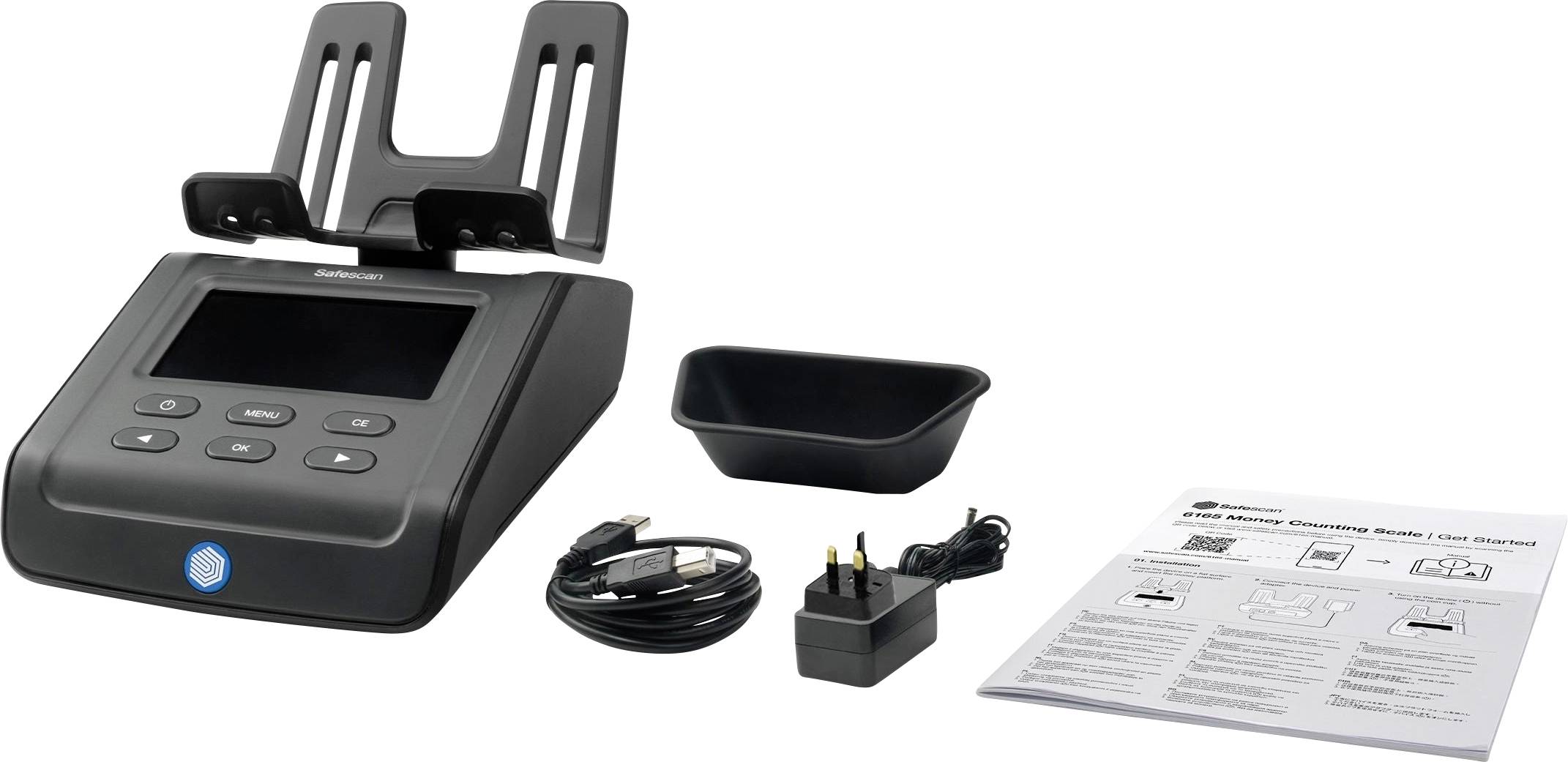 Ein elektronisches Gerät mit großem Display und Tasten, Kabel, Netzteil, und Anleitung. Hauptgerät steht im Mittelpunkt.