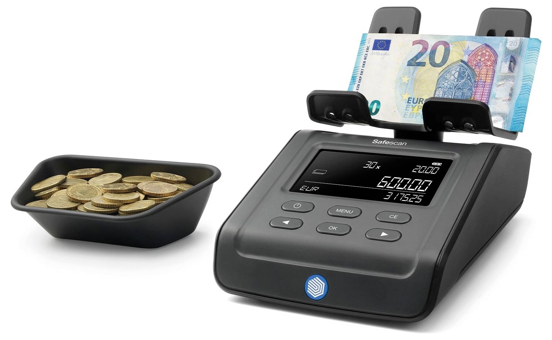 Ein Zählgerät zählt einen Stapel 20-Euro-Scheine. Daneben eine Schale mit Euro-Münzen. Hauptfunktion: Geld zählen.