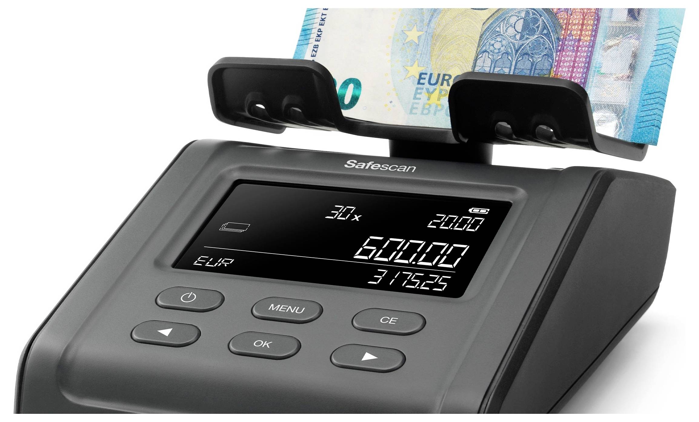 Ein elektronisches Geldzählgerät zählt Euro-Scheine. Auf dem Display stehen: '30x', '600,00 EUR'. Tasten für Menü und OK sichtbar.