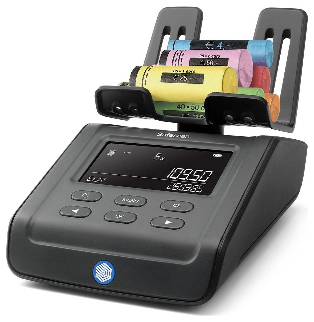 Ein elektronisches Geldzählgerät zeigt 5 gerollte Münzstapel in verschiedenen Farben an. Display: '6x, 109.50 EUR, 263935'.