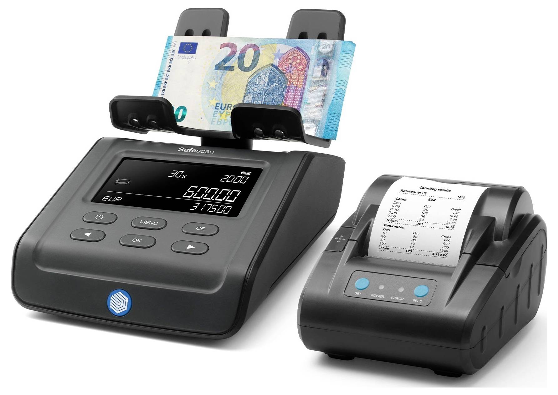 Geldzählmaschine mit 20-Euro-Schein zeigt '2000 EUR' und '60000' auf digitalem Display. Nebenan ein Drucker mit Quittung.