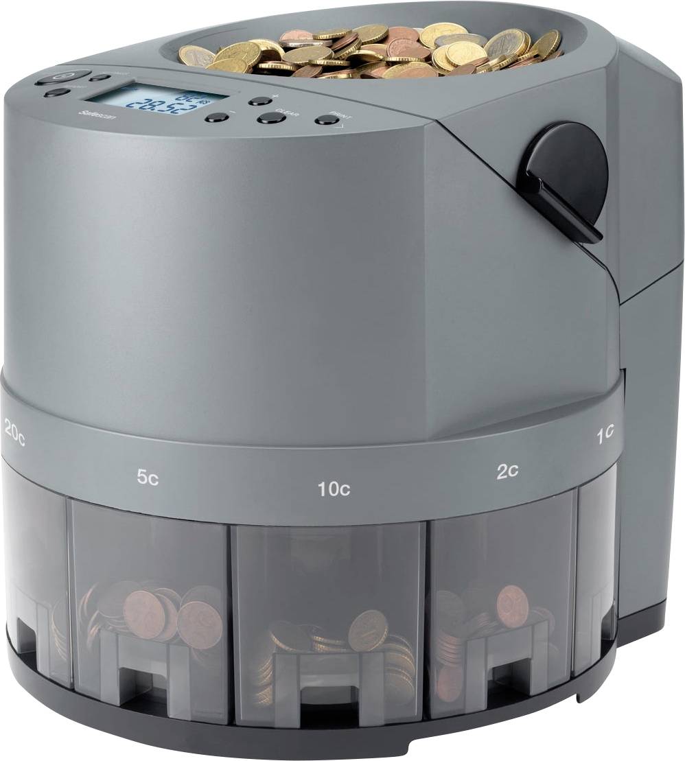 Eine graue Münzzählmaschine mit einer Anzeige oben, die Münzen in Fächer von 1c bis 20c sortiert.