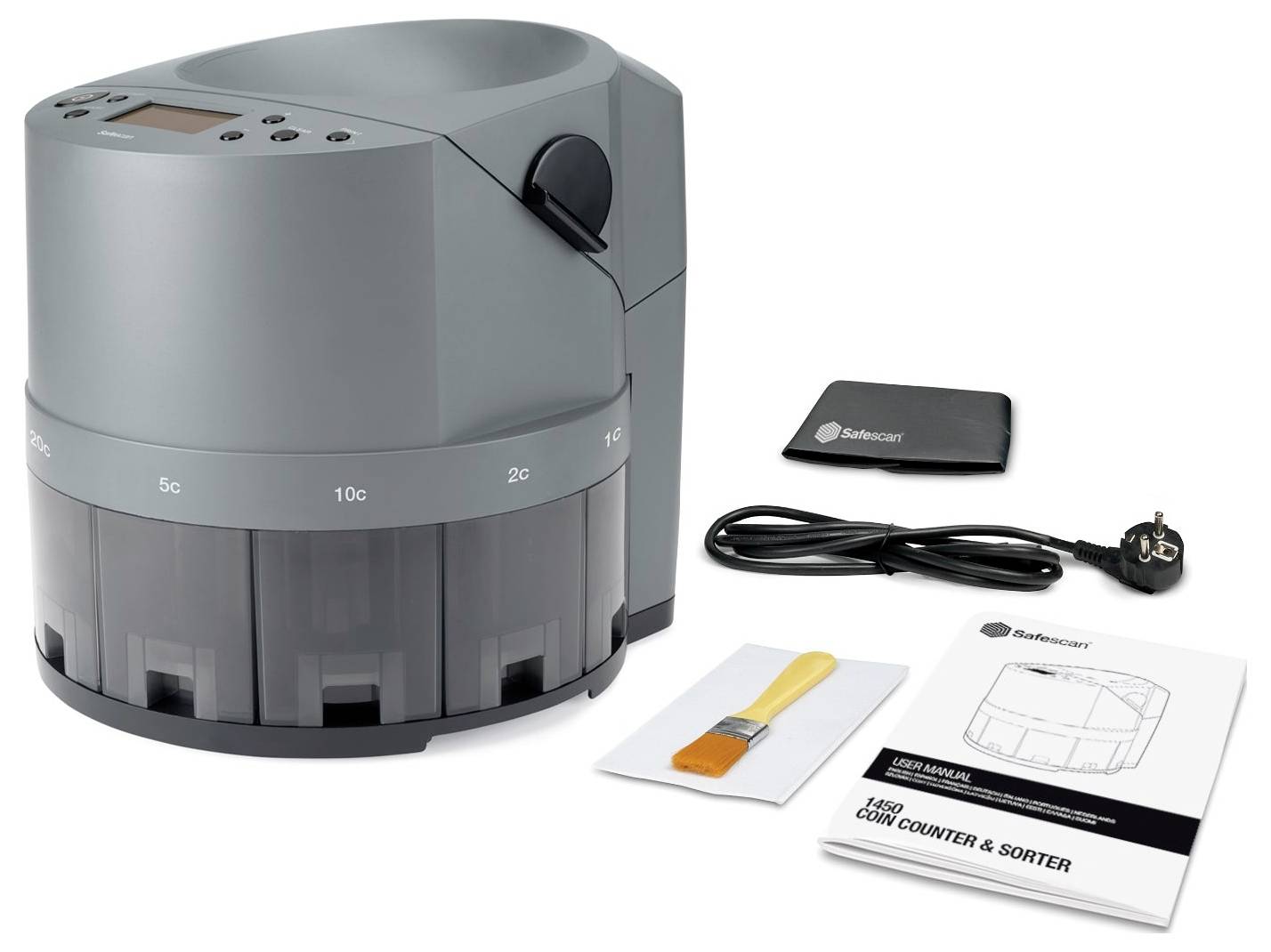 Münzzähler- und Sortiergerät mit vier Münzfächern. Enthält Bedienungsanleitung, Reinigungsbürste, Netzkabel und Garantiekarte.