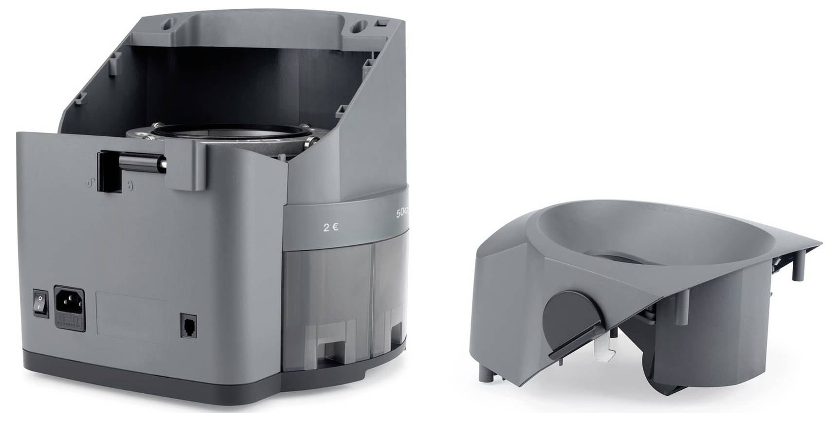 Graues elektrisches Gerät mit zwei abnehmbaren Teilen, vermutlich ein Staubsauger mit Zubehör. Kein sichtbares Markenlogo.