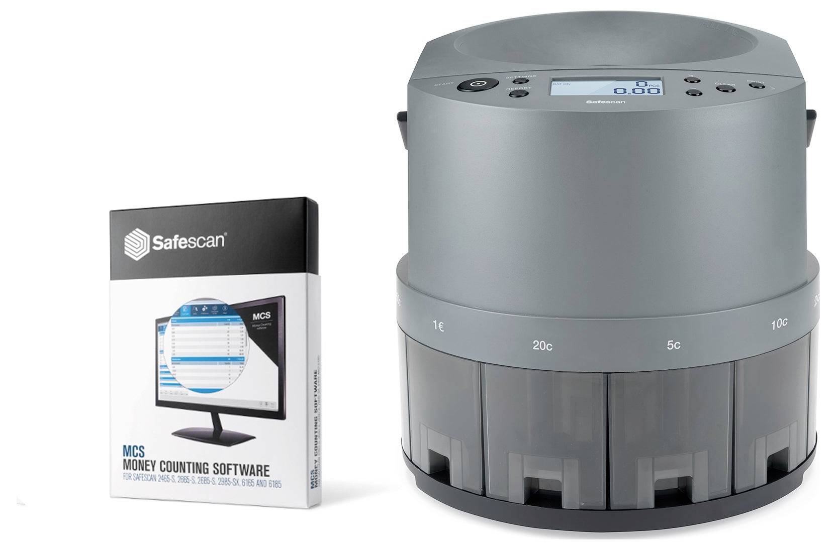 Ein elektronischer Münzzähler neben einer Box mit 'Safescan MCS Money Counting Software'. Der Münzzähler zeigt Cent-Beschriftungen.
