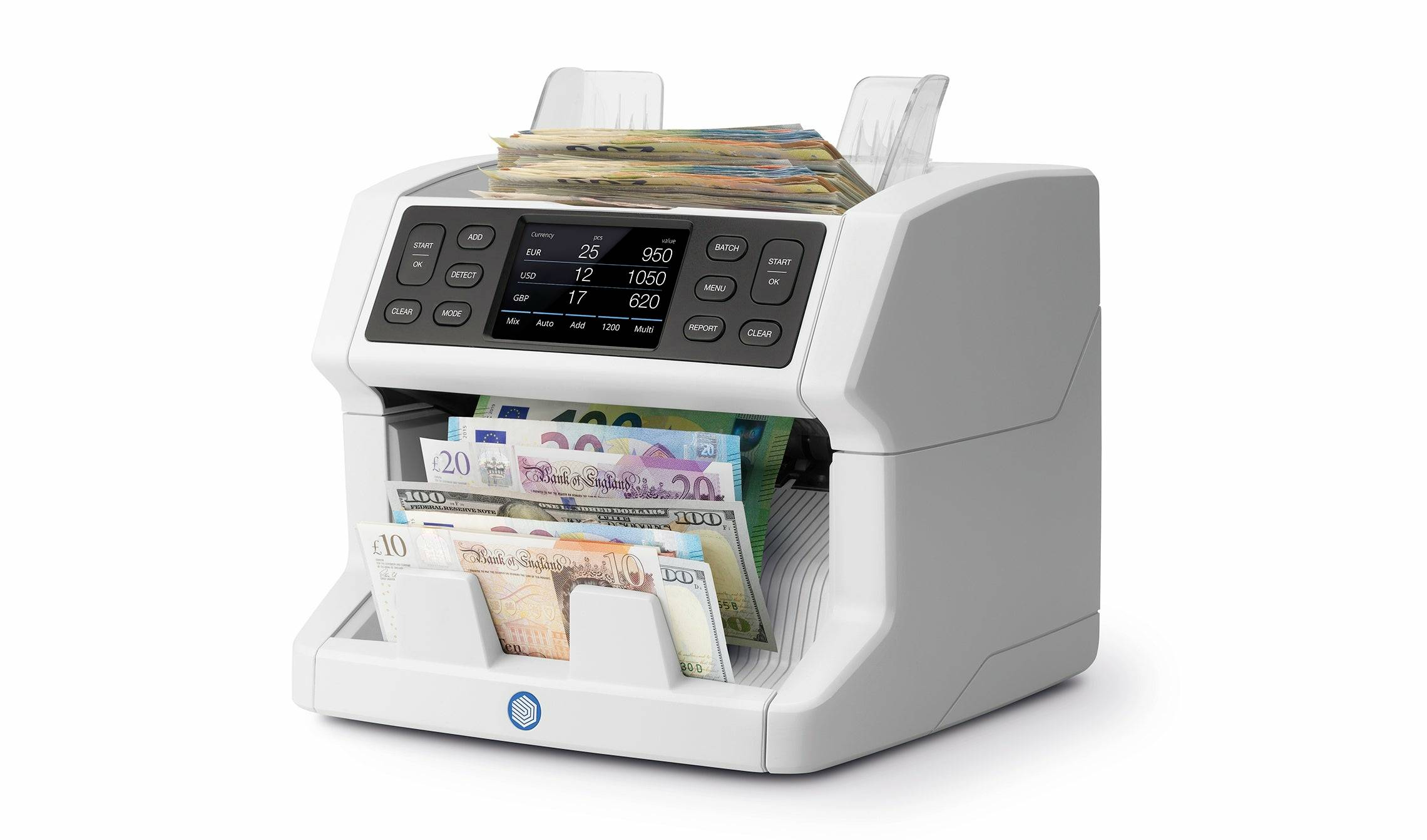 Ein moderner Geldzählautomat zählt Banknoten. Er zeigt auf einem Display Menge und Wert der gezählten Scheine an.