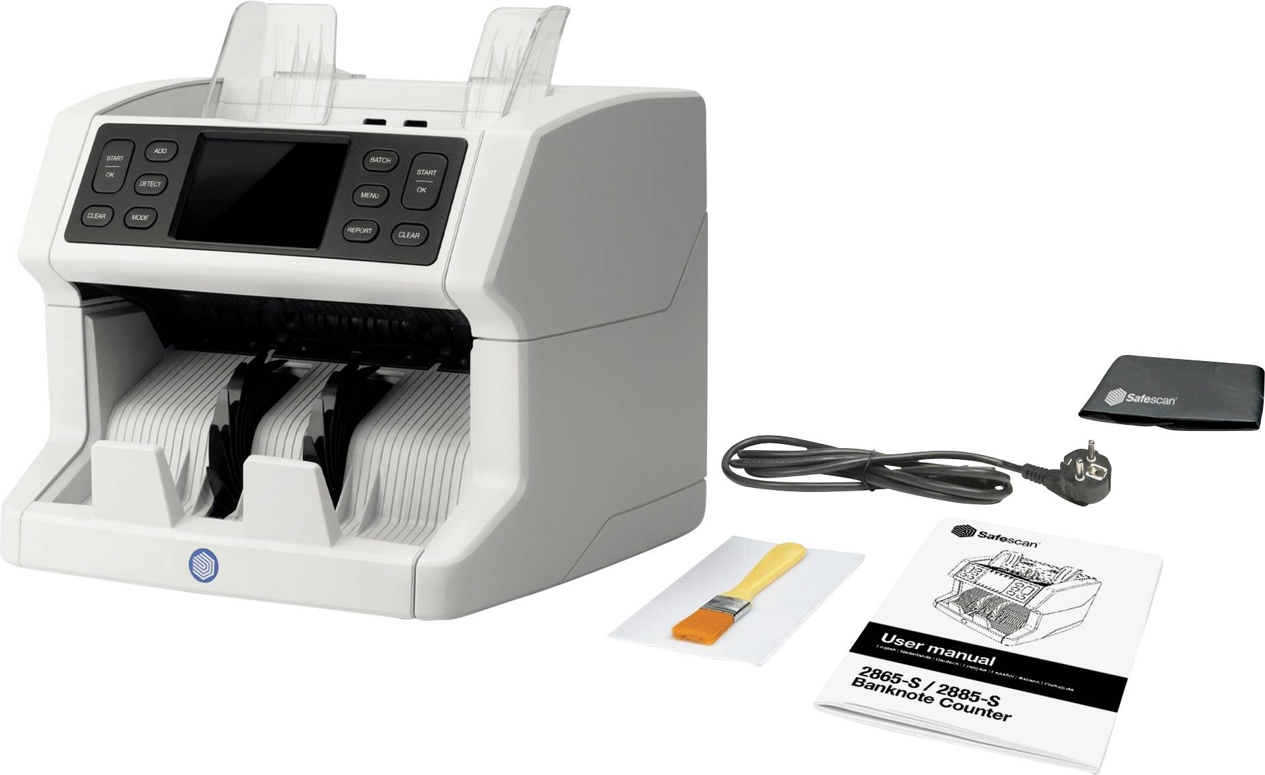 Ein Geldzählgerät mit zwei Kartenfächern, einem Benutzerhandbuch, einem Pinsel zur Reinigung, einem Kabel und einer Schutzhülle.