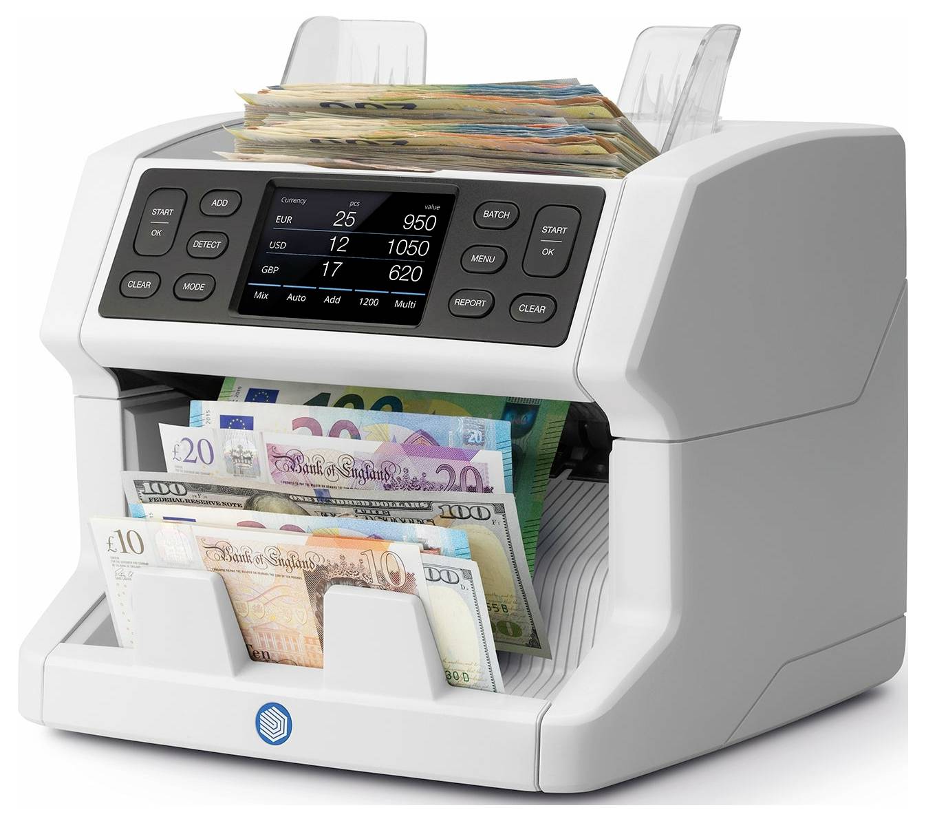 Ein graues Gerät zählt verschiedene Banknoten, darunter britische Pfund und Euro. Ein Display zeigt Anzahl und Wert der gezählten Scheine.