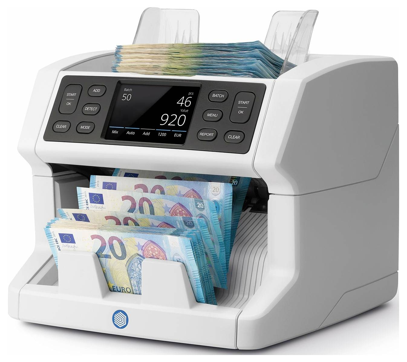 Ein Geldzählgerät zählt Euro-Scheine. Die Anzeige zeigt 'Stück: 46' und 'Summe: 920 EUR'. Es sind 20-Euro-Scheine sichtbar.