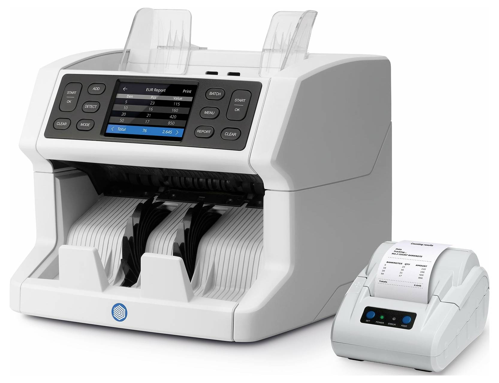 Ein moderner Geldzählautomat mit digitalem Display steht neben einem kleinen Quittungsdrucker. Geeignet für den Einsatz in Banken oder Einzelhandel.