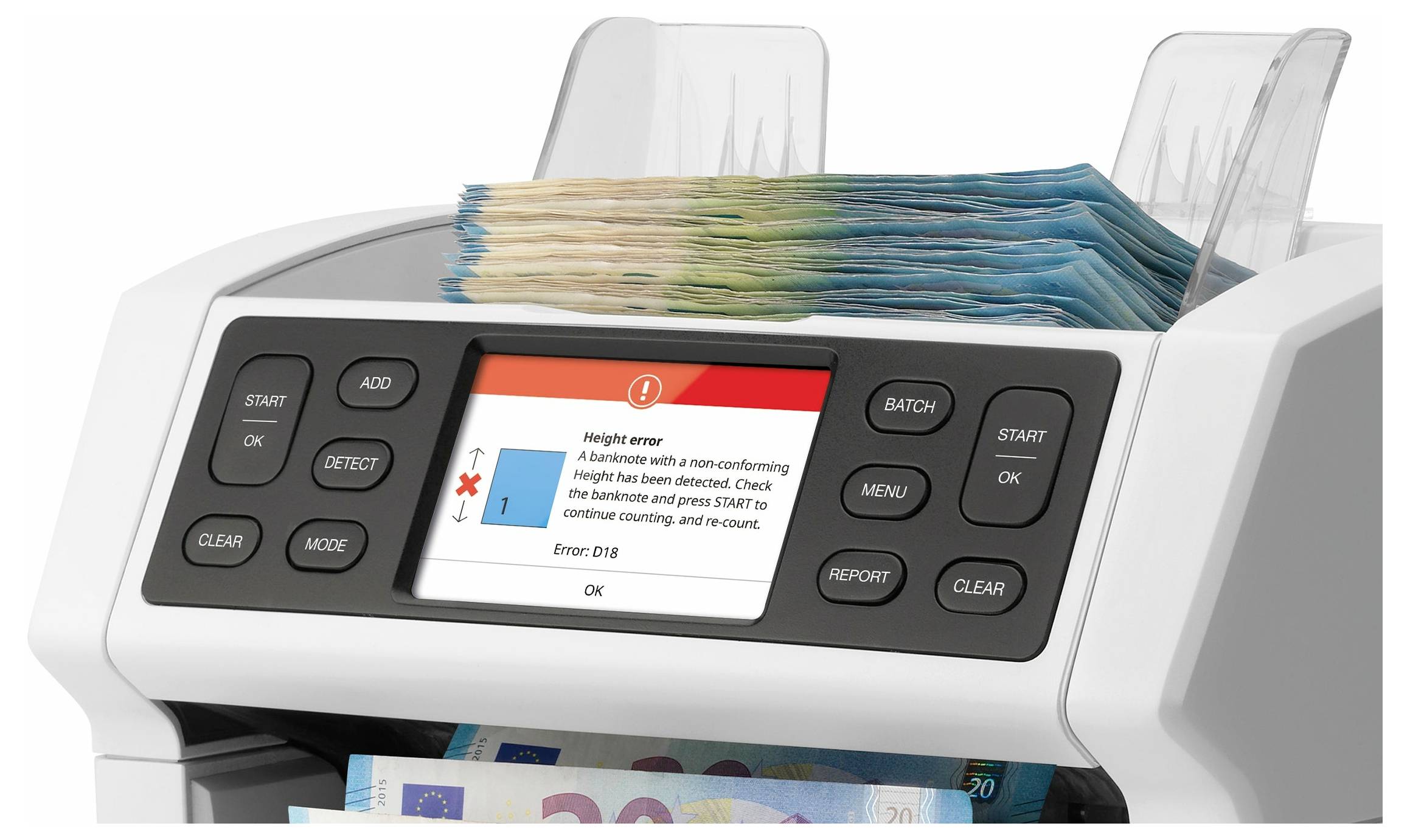 Geldzählmaschine mit integriertem Bildschirm. Auf dem Display wird ein Fehler angezeigt, der besagt: 'falsche Notenhöhe erkannt'. Euro-Banknoten oben sichtbar.
