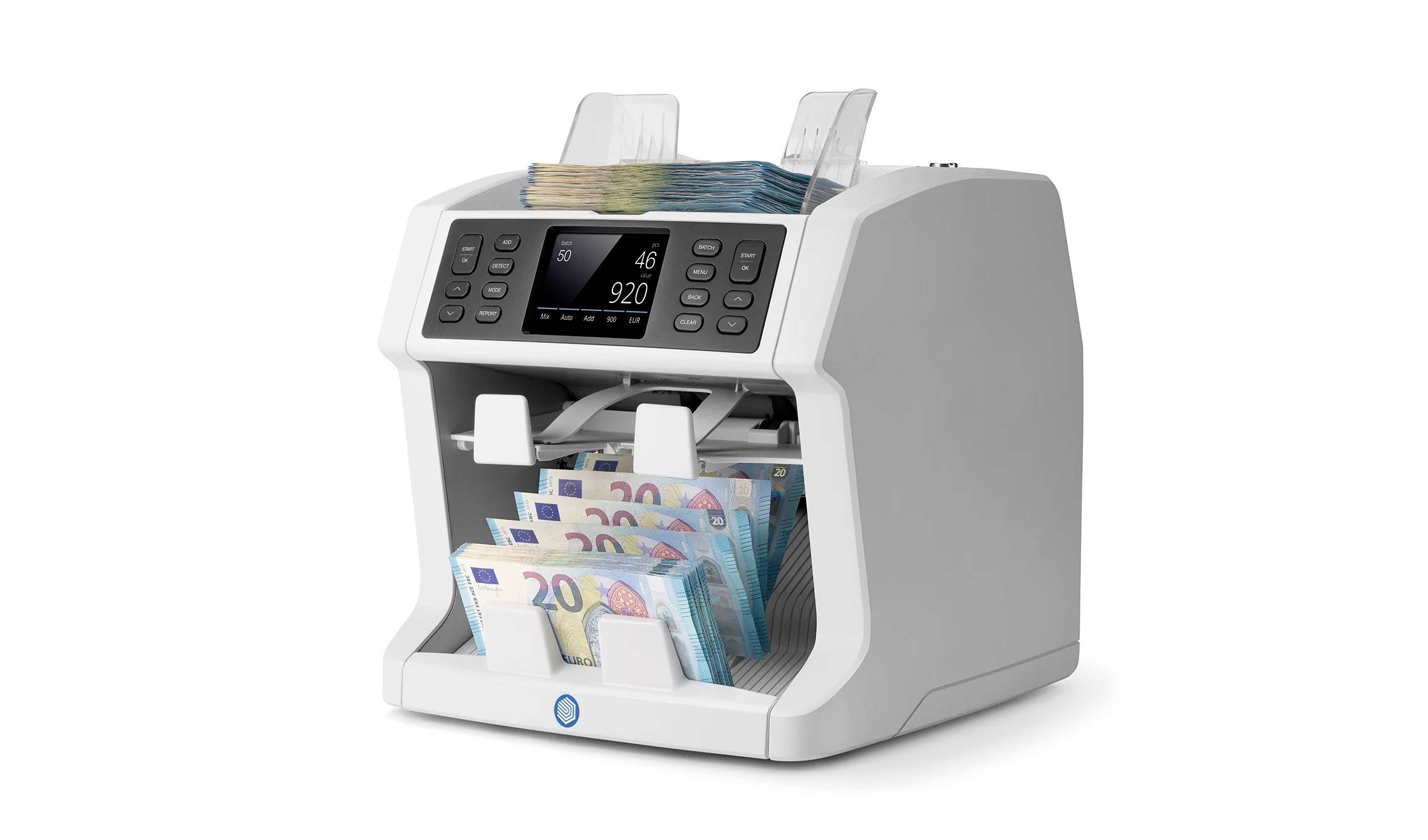 Geldzählmaschine zählt mehrere 20-Euro-Scheine. Digitale Anzeige zeigt Information der gezählten Scheine.