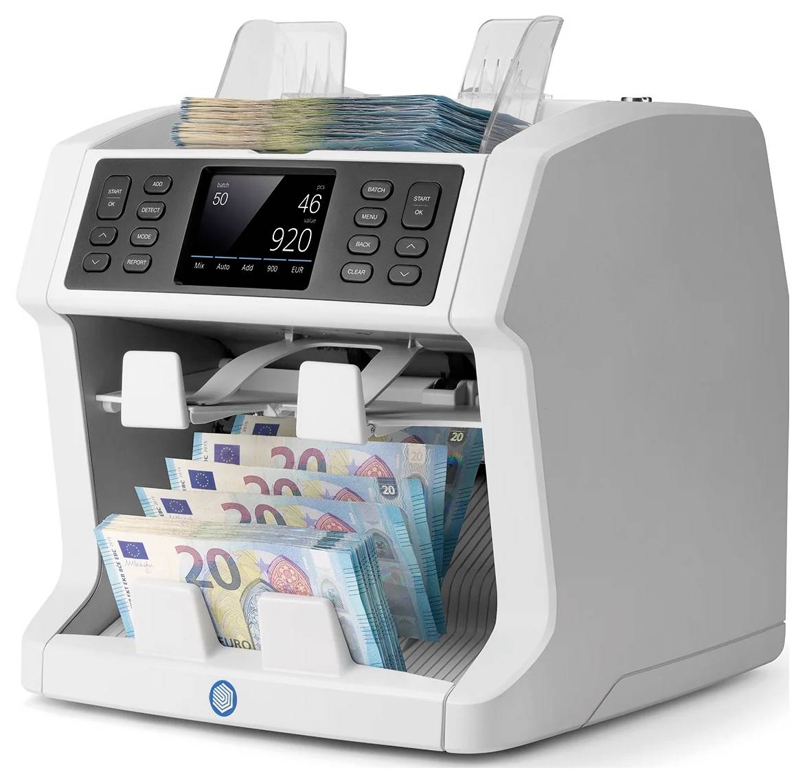 Eine graue Geldzählmaschine zählt 20- und 50-Euro-Scheine. Auf dem Display steht '920' und '46'.