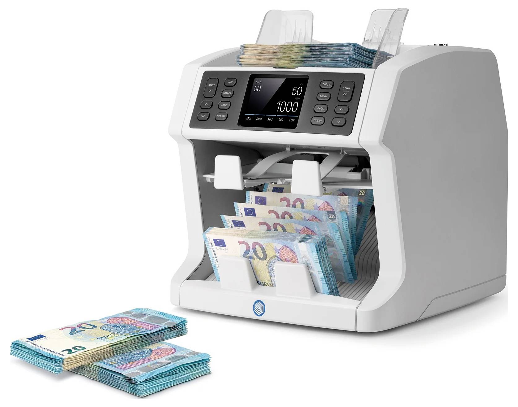 Geldzählmaschine zählt ein Bündel von Euro-Geldscheinen. Anzeige zeigt Zählstand: 50 Scheine, Wert 1000 Euro.