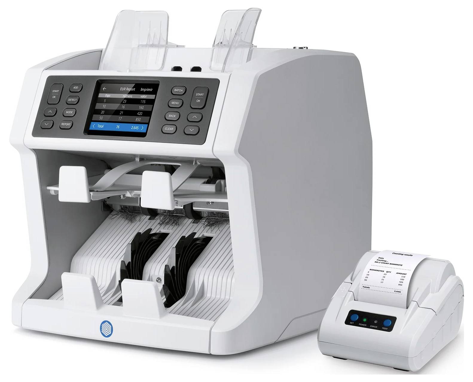 Ein moderner Geldzählautomat mit digitalem Display, umgeben von Papiergeldstapeln, und ein kleiner, angeschlossener Drucker daneben.