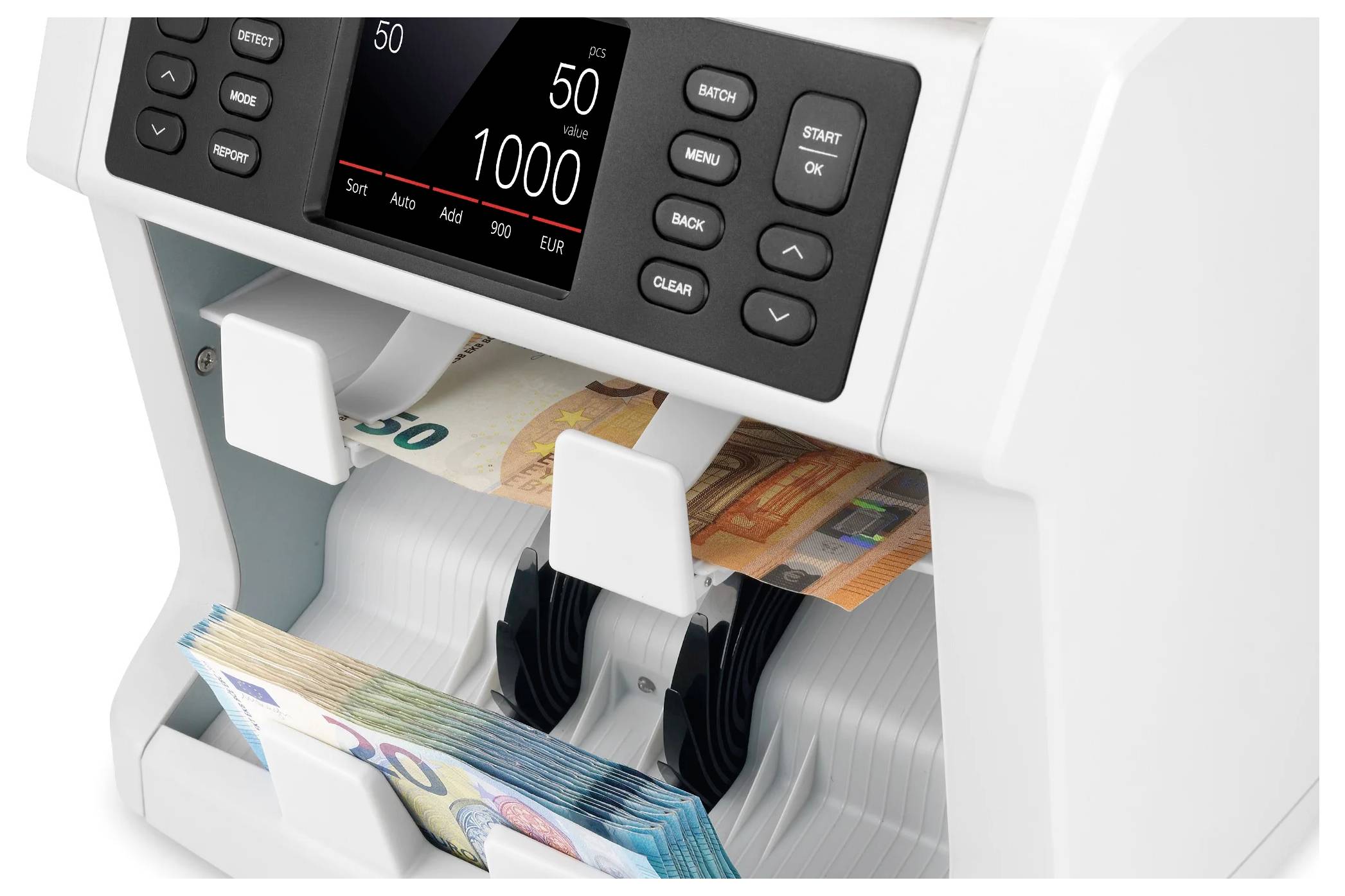 Geldzählmaschine zählt Eurobanknoten, zeigt '50', '1000' auf dem Bildschirm. Tasten auf der Oberfläche für Bedienung.