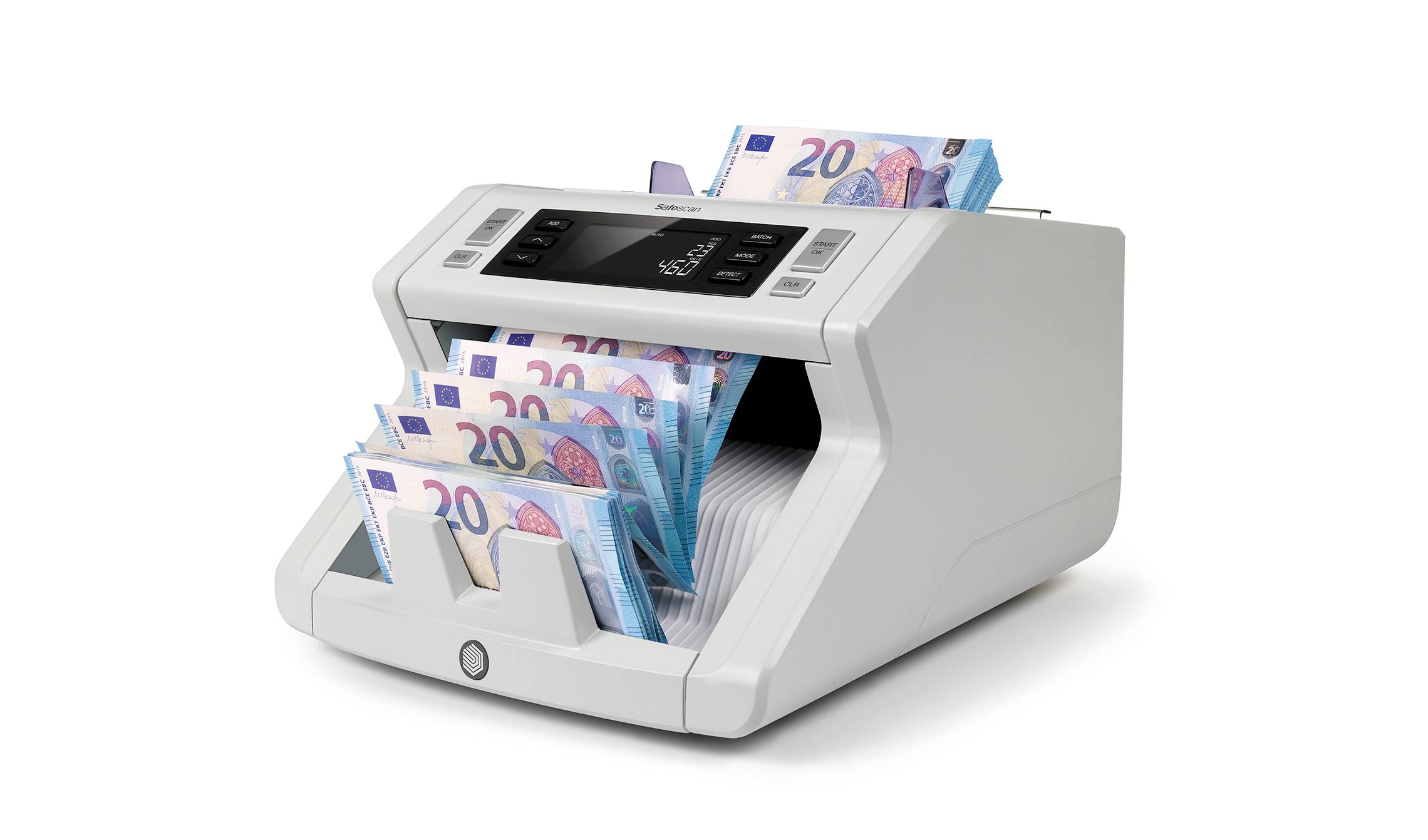 Geldzählmaschine zählt mehrere 20-Euro-Scheine.